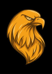 Majestic Eagle Illustration: A striking, gold-colored eagle head, emanating power and vigilance, is depicted against a contrasting black background, the intricate details and bold design.
