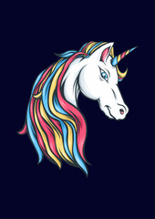 Unicorn's Colorful Crest: A majestic unicorn, its head adorned with a vibrant rainbow mane and a spiraling horn, poised against a dark backdrop, exuding a sense of magic and wonder.