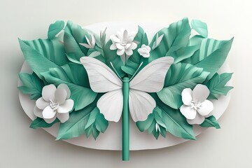 Elegant Paper Butterfly and Flowers in a Teal and White Arrangement