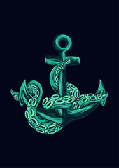 Anchor Embrace: An artistic image captures an anchor embraced by an octopus's tentacles, rendered in a cool teal against a deep blue background.