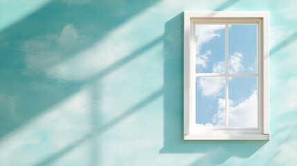 Sunny sky reflected through a window on a teal wall
