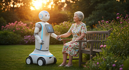 Friendly robot companion assisting elderly woman in a beautiful garden setting during golden hour sunlight ai care blue kind on transparent background