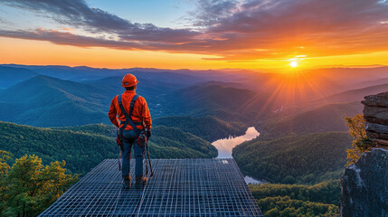 Adventurer overlooking a breathtaking mountain sunset