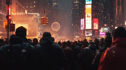 A crowd of people counting down the last seconds of the year in Times Square, as the iconic ball drops
