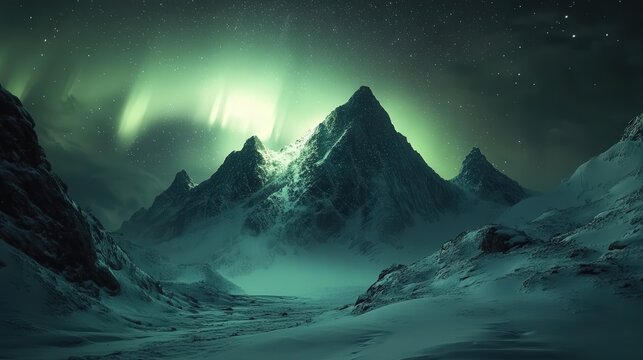 Northern Lights glowing across the Norwegian mountains, their swirling green lights creating an unforgettable