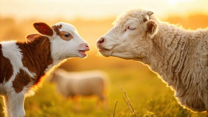 Obraz premium calf and cow in golden hour light. A heartwarming scene of a young calf nuzzling its mother, showcasing the tender bond between them. Other sheep are visible in the softly blurred background.