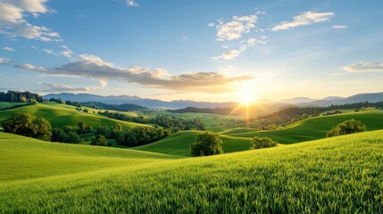 Breathtaking countryside landscape with rolling verdant hills and a vibrant golden sunset casting a warm glow over the serene pastoral scene  A picturesque idyllic natural environment