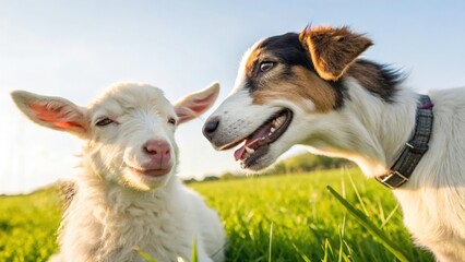 Fototapeta premium Unlikely Friends: Goat Kid and Puppy in a Green Field