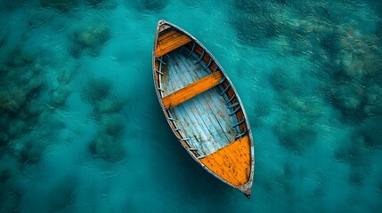 Obraz premium Aerial Top Down View of a Single Fishing Boat Anchored in Crystal Clear Blue Ocean with Soft Shadows Peaceful and Tranquil Mood and Detailed Textures Perfect for Copy Space