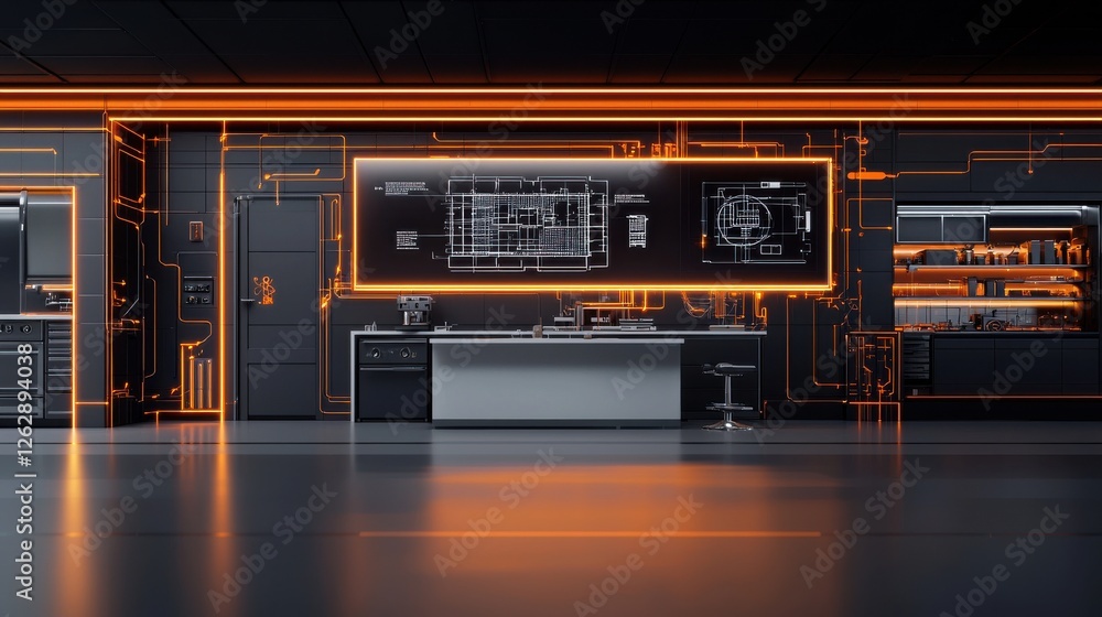 Poster a state of the art futuristic engineering laboratory featuring holographic digital interfaces advanc