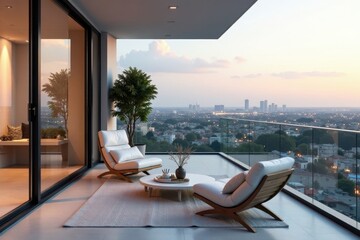 Fototapeta premium Modern minimalist balcony with sleek furniture and city view , contemporary, design