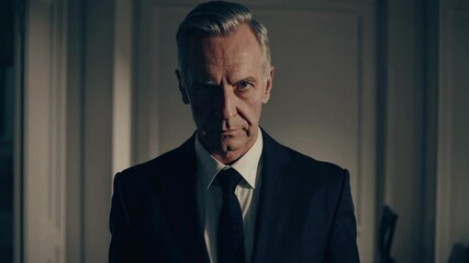 Dramatic video still of a stern man in a suit, captured from a low angle. The dim lighting and shadows create a tense, mysterious atmosphere.