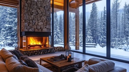 Cozy living room with fireplace and snowy winter landscape