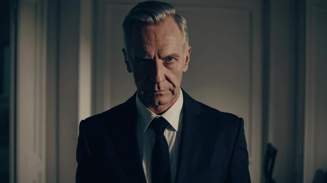 Dramatic video still of a stern man in a suit, captured from a low angle. The dim lighting and shadows create a tense, mysterious atmosphere.