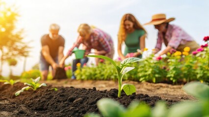 Family Gardening Together in Sunny Garden