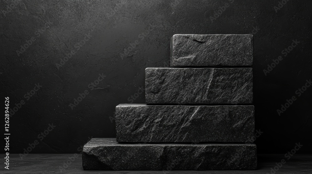 Poster minimalistic stack of black stone blocks on a dark background, ideal for architectural designs and a