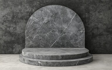 Fototapeta premium Elegant gray marble pedestal set against a textured wall, ideal for showcasing products or artistic displays in contemporary design.