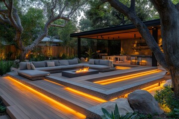 Modern backyard patio with fire pit and integrated lighting illuminating seating area at dusk