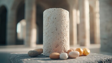 A textured cylindrical object sits on a stone surface with colorful small stones scattered around it, set against an architectural background.