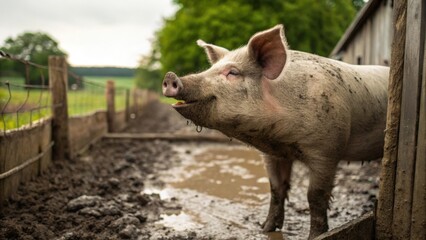Muddy pig on a farm. The pig is standing in a mud puddle, looking towards the viewer.