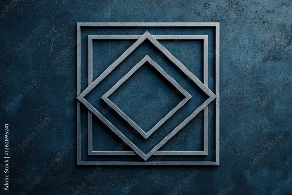 Poster geometric patterns featuring layered squares on a textured blue background, creating a modern and st