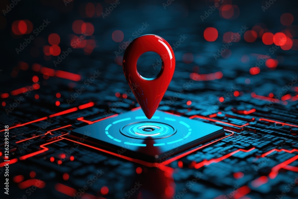 Poster a vibrant digital featuring a red location pin on a futuristic circuit board background, symbolizing