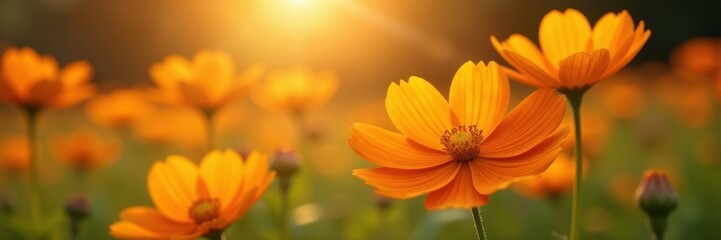 Orange cosmos flowers bathed in golden sunlight , image, wallpaper