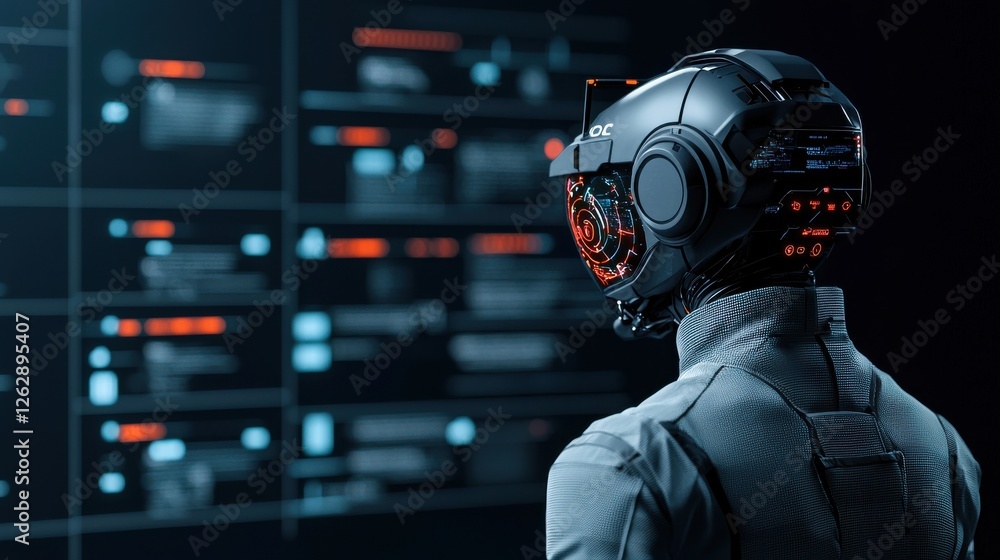 Poster a cybernetic humanoid figure with a holographic display interface representing the concept of advanc