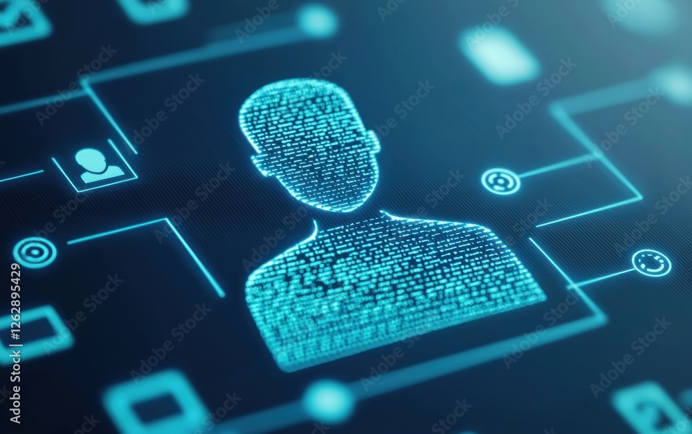 Poster futuristic digital identity concept with pixelated human figure and connected data nodes in a virtua
