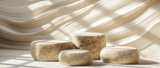 Natural stone decor elements on soft fabric backdrop, creating a serene and minimalist aesthetic in interior design.
