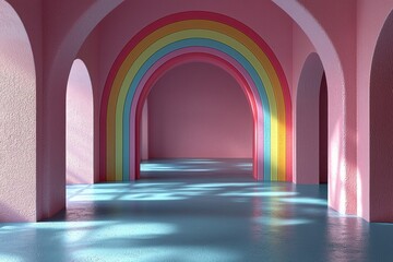 Fototapeta premium 3D rendering of an empty podium with a rainbow color pastel background for a product presentation mock-up, presentation stage scene. Background design template.