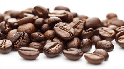 Naklejka premium A close-up of a coffee cup with coffee beans scattered around it, all against a crisp white backdrop.