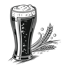 Beer glass vector illustration, hand drawn design, detailed line drawing, minimalist design, black and white design isolated on a white background
