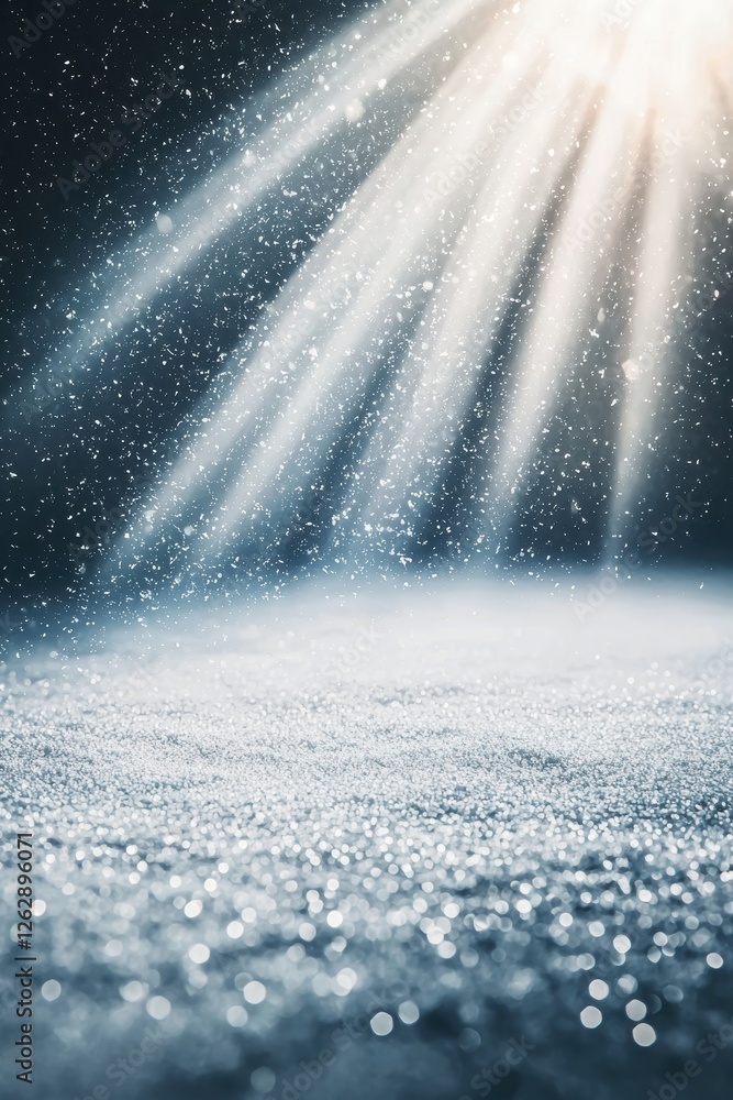 Poster rays of sunlight illuminate falling snowflakes, creating a magical winter atmosphere with sparkling 