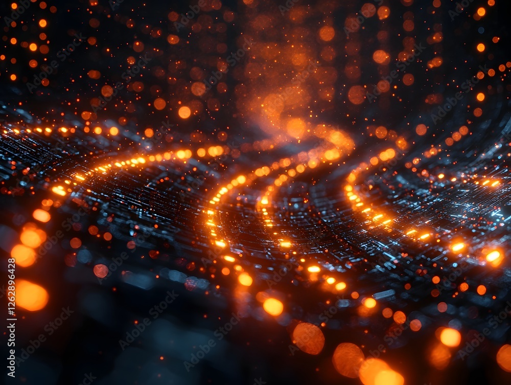 Poster glowing quantum particles flowing into a radiant computational grid symbolizing the future of techno