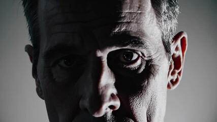 Dramatic close-up video shot with low-angle lighting, highlighting intense shadows on a man's face, creating a mysterious and suspenseful mood.