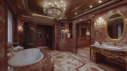 Luxurious marble bathroom featuring elegant fixtures and opulent decor in a grand residence. Generative AI
