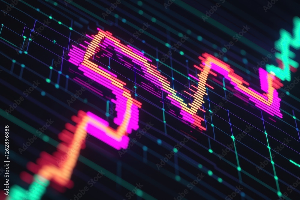 Poster vibrant digital stock market chart displaying fluctuating trends and patterns in bright colors on a 