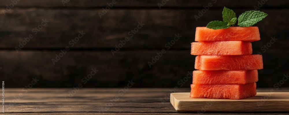 Poster a stack of juicy vibrant watermelon slices arranged neatly on a rustic wooden table complemented by 