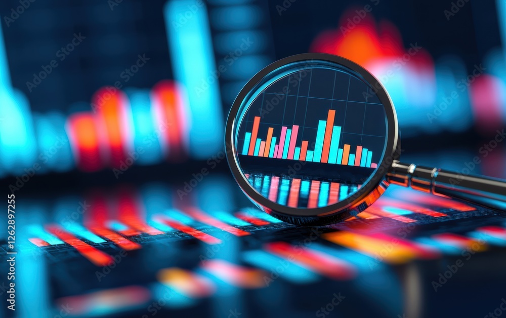 Poster a close-up view of a magnifying glass highlighting colorful bar graphs on a digital display, illustr