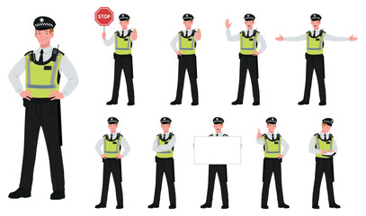Male UK Police Officer Cartoon Vector Illustration Poses. Young White Police Man Cop In Uniform. Standing, Holding Signboard, Stop Sign, Ticket, Visibility Vest, White Isolated