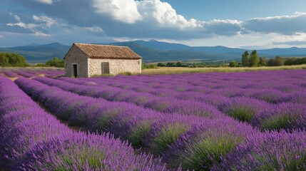 Lavender Field with Stone Cottage Under Cloudy Sky