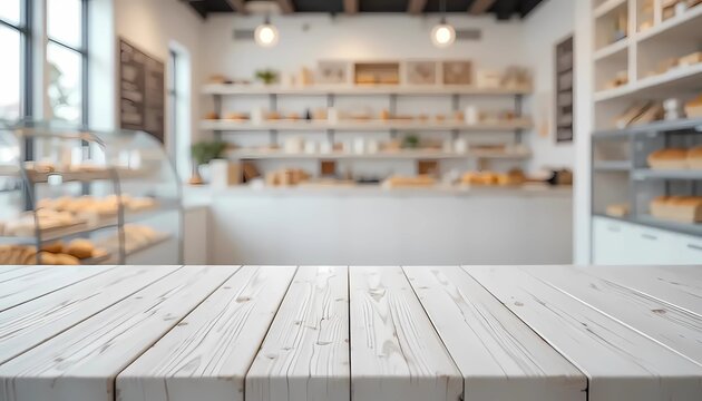 wooden table top with blur background of bakery shop. Generative ai