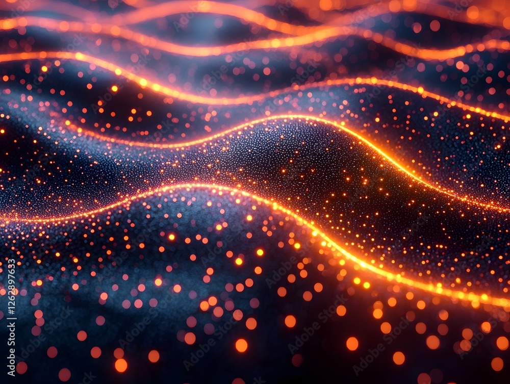 Poster surreal quantum particles glowing and interconnecting in vibrant trails forming a massive computatio