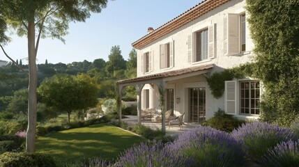 Charming Country House Exterior with Patio and Garden with Lush Landscaping and Country Home Styles.