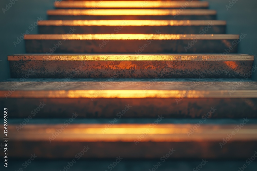Poster warm light glows on a set of metallic stairs, creating a striking visual effect and inviting atmosph