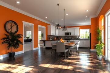 Modern open plan kitchen dining room with orange walls and hardwood floor