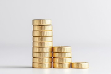 A stack of shining gold coins arranged in a gradual incline, symbolizing wealth and prosperity against a neutral background.