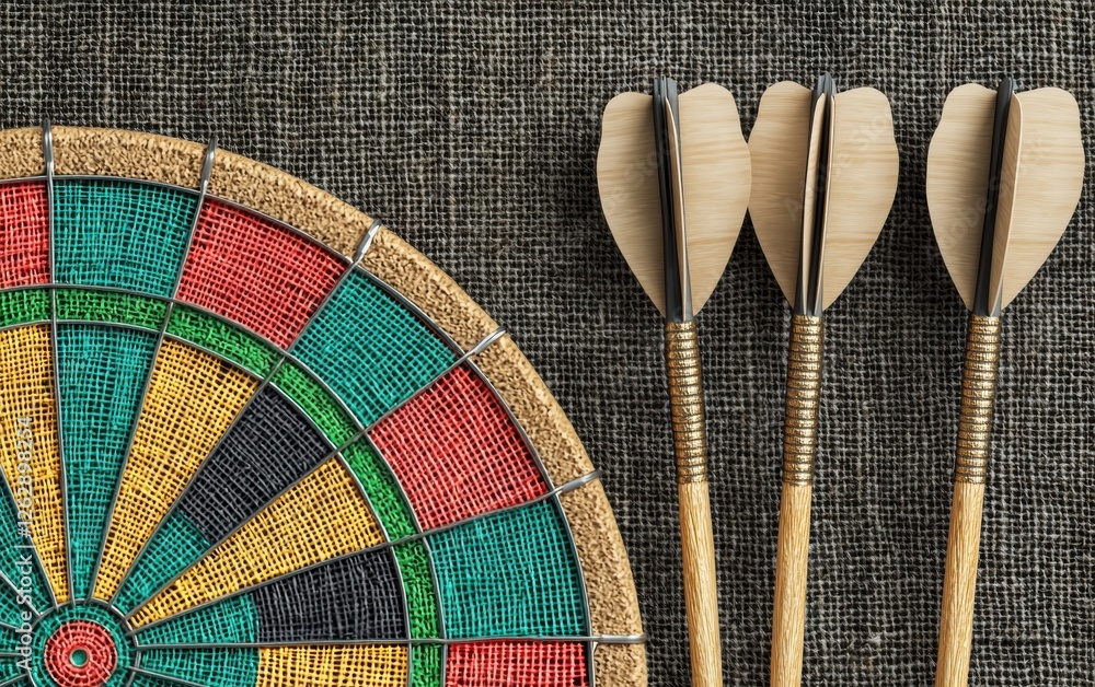 Poster a close-up of a colorful dartboard with three wooden darts resting beside it, ideal for game and rec