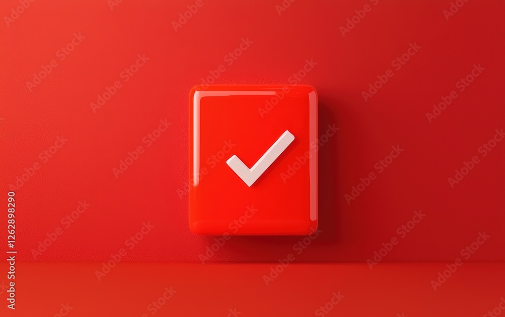 Poster a bold red button with a white check mark, symbolizing approval and confirmation in a minimalist des